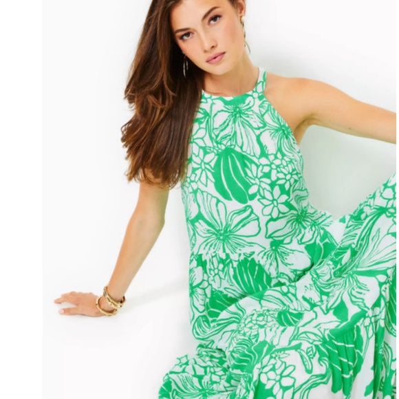 $298 NWT LILLY PULITZER BECCALYN HALTER MAXI DRESS SPEARMINT OVERSIZED KISS S - Picture 4 of 9